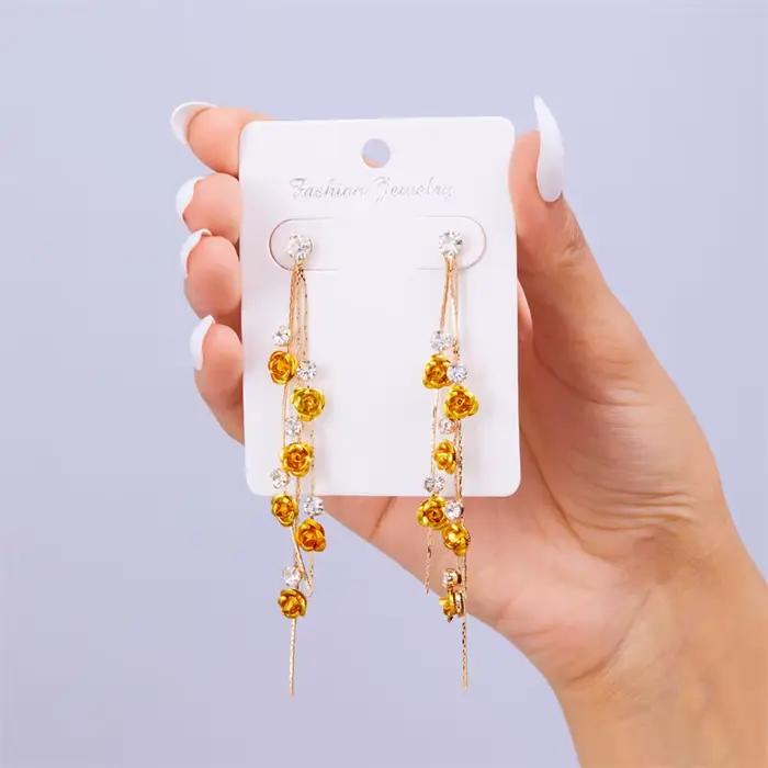Boucles d'oreilles longues à pampilles en forme de fleur de Rose pour femmes, élégantes, brillantes,