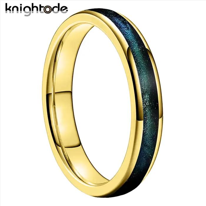 Bague de mariage pour femme en carbure de tungstène 4 mm, dôme poli miroir, sertie d'opale bleu-vert