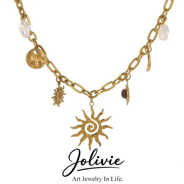 Jolivie – collier Vintage en acier inoxydable avec pendentif soleil en pierre naturelle pour femmes