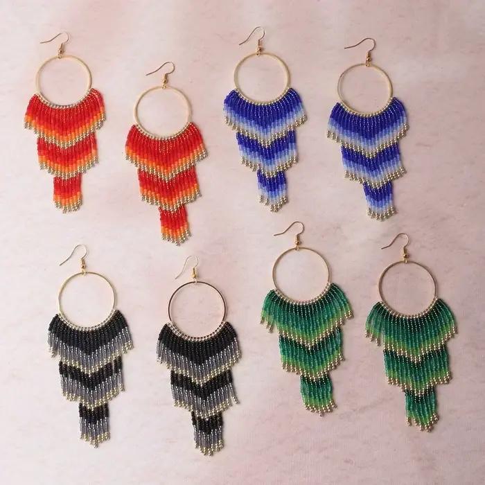 Boucles d'oreilles perlées cercle multicouche flèche tricot à la main originalité dégradé bohême alliage gland marée