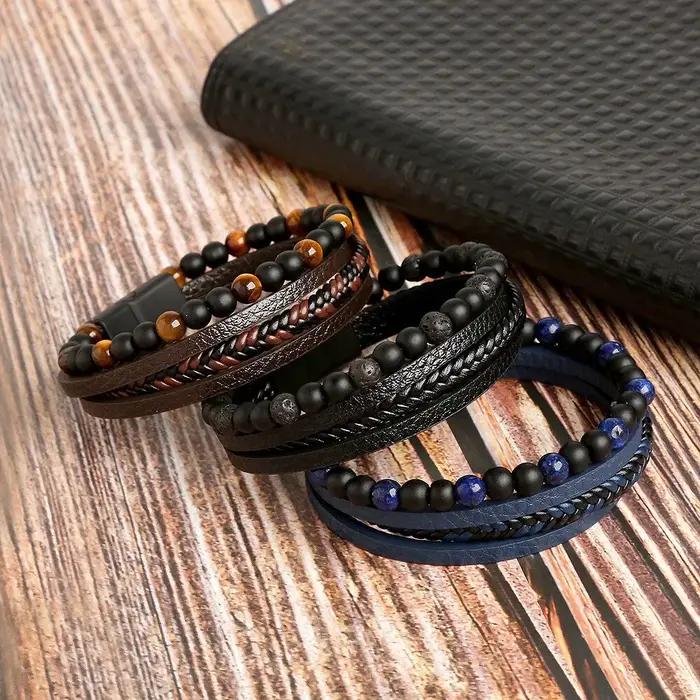 Bracelet en cuir classique oeil de tigre perlé multicolore pour hommes occasions spéciales cadeau
