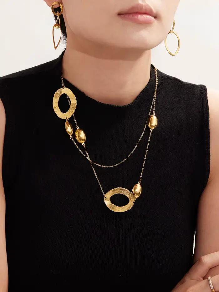 Collier long acier inoxydable plaqué or pour femmes chaîne dorée 103cm pendentif ovale bijoux luxe occasions spéciales