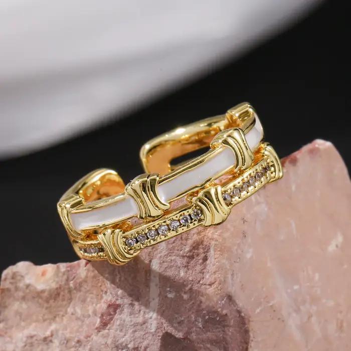 Bague ouverte ajustable dorée avec incrustation d'émail et zircon synthétique pour femme, bijou élég