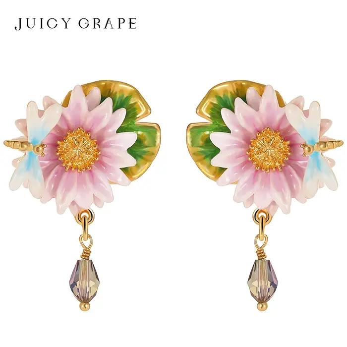 Boucles d'oreilles pendantes en forme de fleur de Lotus en émail de raisin juteux pour femmes