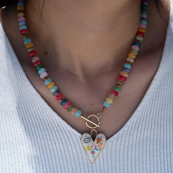 Collier MOON GIRL avec pendentif cœur design original perles de verre colorées bijoux quotidiens femmes style Y2K occasions quotidiennes cadeaux
