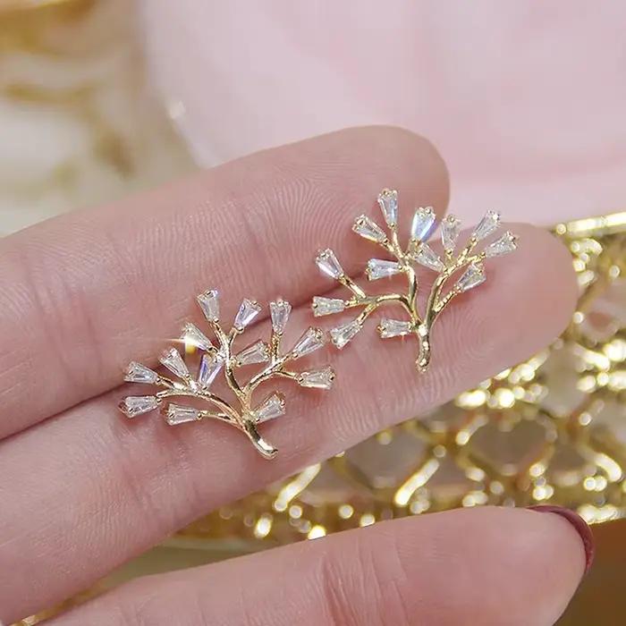 Boucles d'oreilles arbre de vie en or véritable 14K pour femme, bijoux élégants, mode coréenne, pour fête de mariage, offre spéciale
