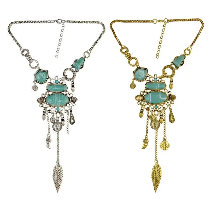 Collier bohème Femme gland Maxi pièce de monnaie cou chaîne turc vert pierre pendentif femmes bavoir