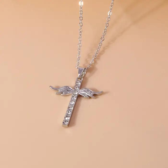 Collier croix aux ailes de cristal pour hommes et femmes, style gothique et punk, plaqué argent, or jaune clair, cuivre antique, occasions spéciales et quotidienne