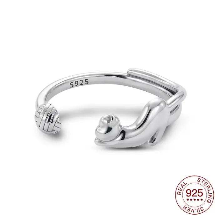 Bague ouverte réglable en argent sterling 925, motif chat mignon et pelote de laine, bijou minimalis