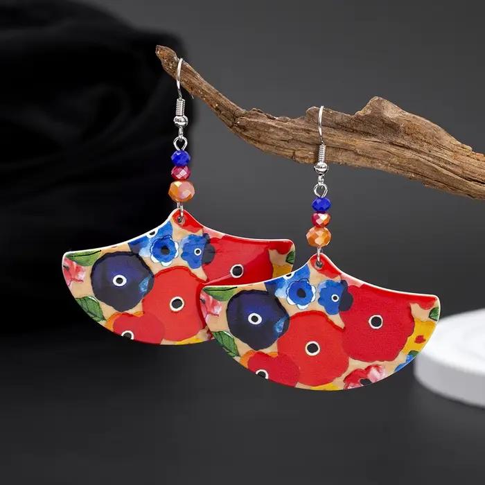 Boucles d'oreilles en acrylique en forme d'éventail à motif de fleurs colorées pour femmes, style vintage, légères, charmantes, bijoux élégants à porter au quotidien