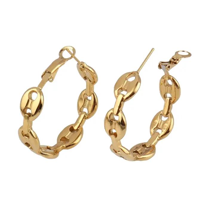 Boucles d'oreilles créoles vintage en acier inoxydable plaqué or 18 carats en forme de grain de café pour femmes et