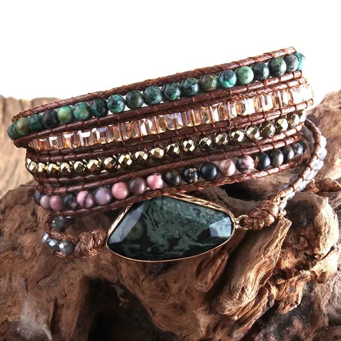 RH mode Boho Bracelet africain Turqu pierres naturelles herbe vert charme 5 brins tissé Bracelets d'enveloppement cadeau livraison directe