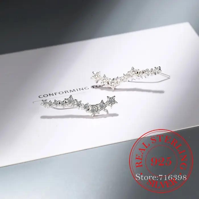 100% réel 925 en argent Sterling zircon cubique étoile oreille grimpeur boucles d'oreilles pour les femmes mignon