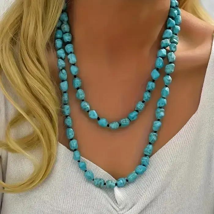 Collier sans fin de perles turquoise pour femmes et adolescentes