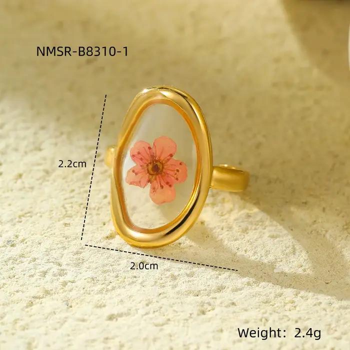 Bague ouverte délicate en fleurs séchées pour femme, bagues géométriques en acier inoxydable en form