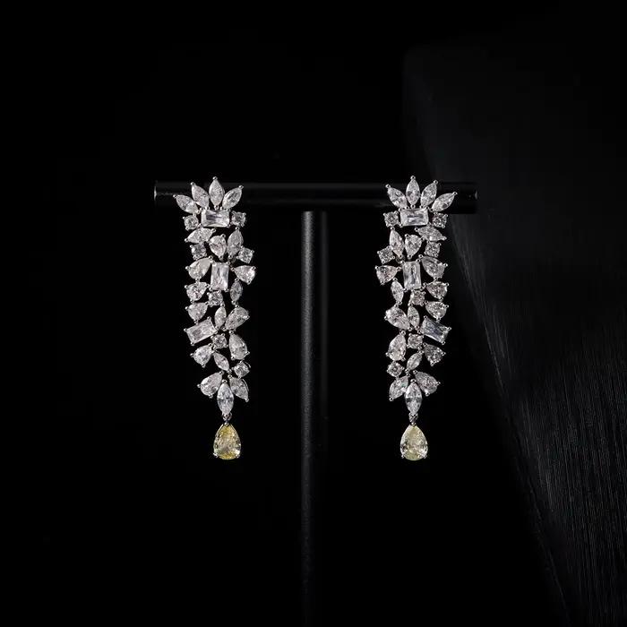 Ensemble de bijoux de luxe couleur jaune fantaisie en zircone cubique plaqué rhodium pour femmes occasions spéciales collier boucles doreilles bague bracelet