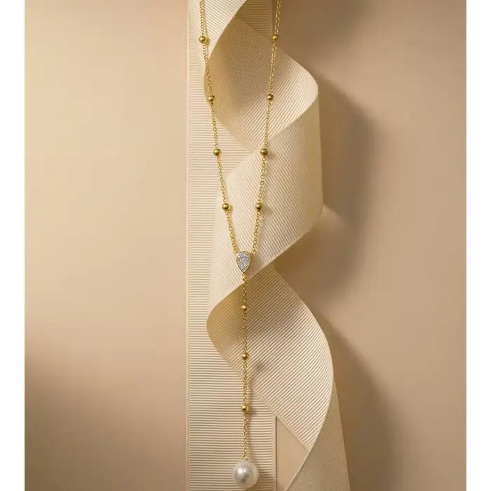 Yhpup – collier en acier inoxydable avec perles simulées en zircone, chaîne en Y, style coréen chic, accessoires de bijoux délicats pour l'été