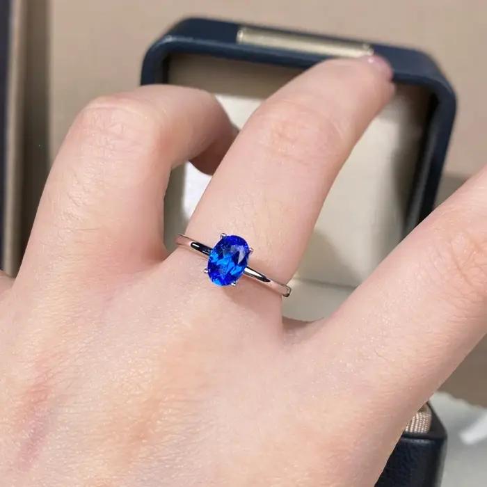 Bague en or blanc massif 18 carats saphir naturel bleu ovale pour fiançailles alliances de mariage occasions spéciales femmes