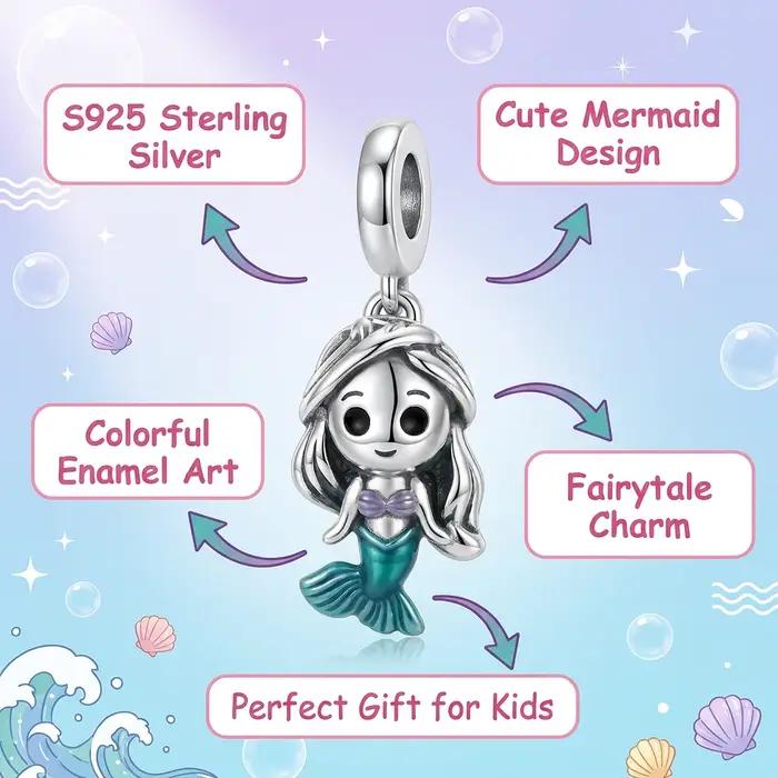 Pendentif Ariel Sirène en argent S925 avec émail bleu