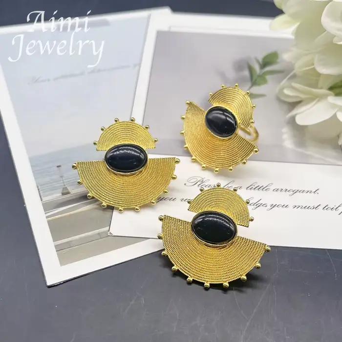 Ensemble de bijoux plaqués or 18 carats pour femmes, boucles d'oreilles et bague, style africain chic, pour mariage et anniversaire de mariage