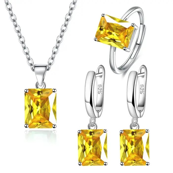 Ensemble de bijoux élégants en argent Sterling 925, bague, boucles d'oreilles, collier pour femmes, géométrie rectangulaire, Zircon, accessoires de mariage