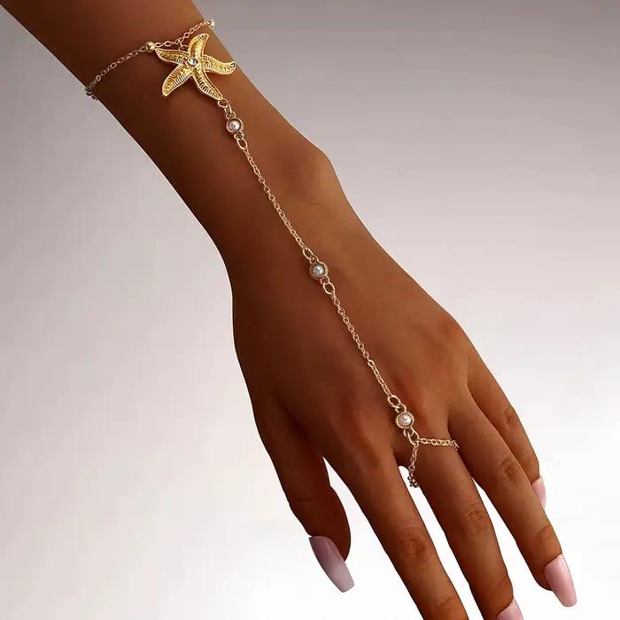 Bracelet de doigt pour femme, série Océan d'été, motif fleur, étoile de mer, perle, couleur or, bijou de main tendance pour les vacances, accessoire cadeau