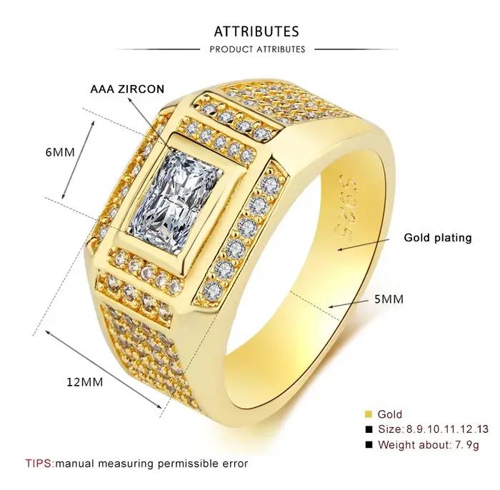 Mode 14K plaqué or anneaux pour hommes femmes rectangulaire diamant cristal Zircon bague bijoux 2025 cadeau Anillos Mujer