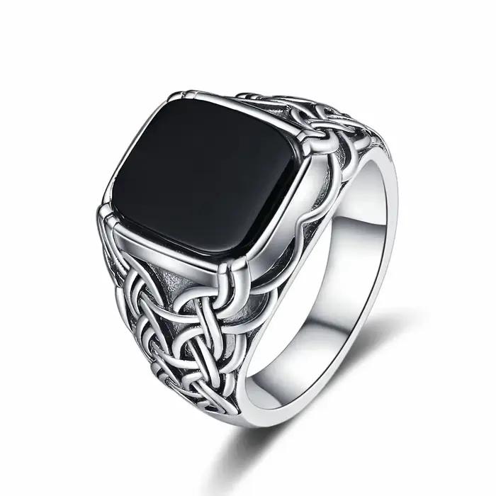 Bague en argent naturel 10x12mm, grande pierre d'agate noire, bague Vintage pour femmes, cadeaux de fête
