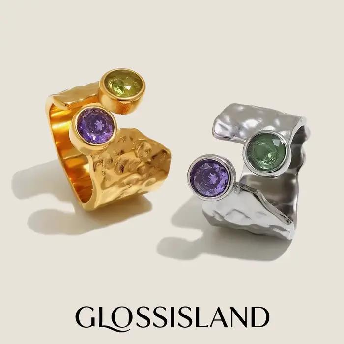 Bague pour femme Glossisland à motif martelé en acier inoxydable plaqué or 18 carats avec zircon, cadeau de bijoux