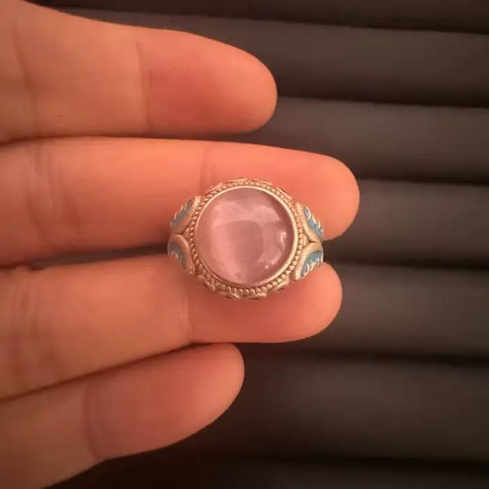Bague en pierre œil-de-chat rose cloisonné, style ethnique unisexe, incrustation argentée, bijou de