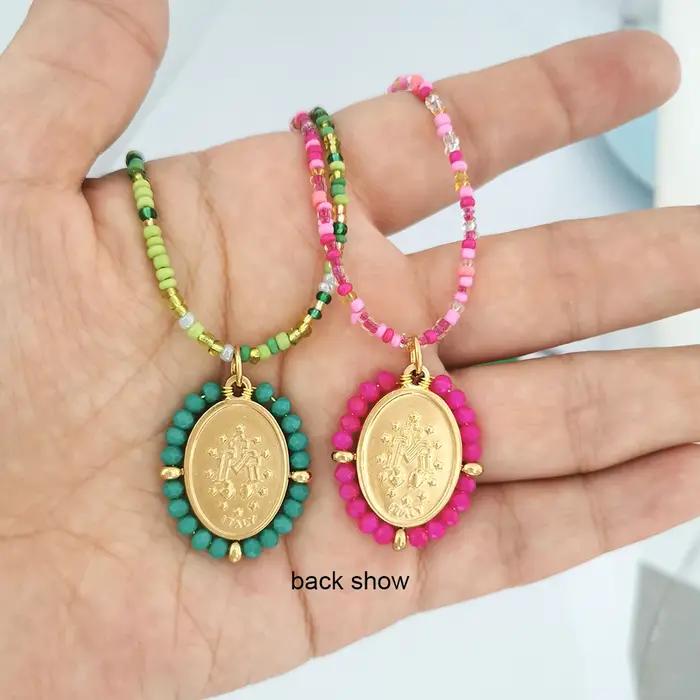 QMHJE vierge marie pendentif en acier inoxydable collier à breloques femmes tour de cou perles chaîne or argent couleur arc-en-ciel coloré bijoux