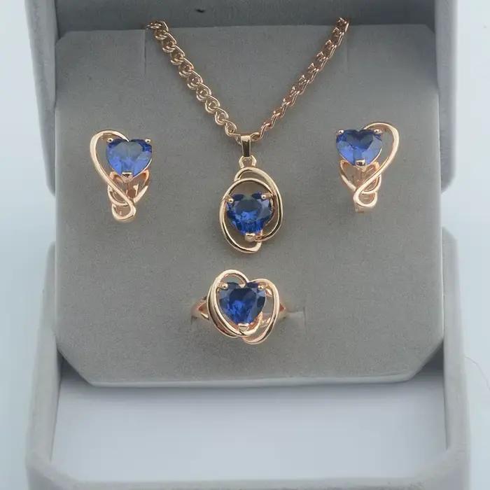 Ensemble de bijoux pour femmes, couleur or Rose, cœur bleu, Zircon cubique, pendentif et bagues, 585