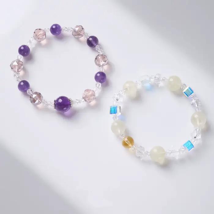 Bracelets élégants en améthyste naturelle et quartz citron de 8 mm pour femmes, bracelets extensibles en cristal de verre facetté, bijoux
