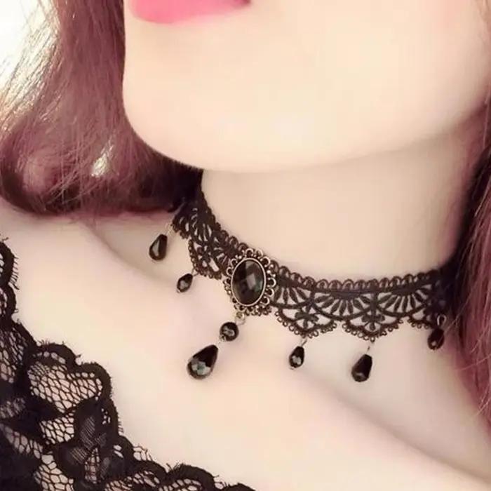 Nouveau Sexy gothique Sautoirs cristal noir dentelle cou collier ras du cou Vintage victorien femmes Chocker Steampunk bijoux