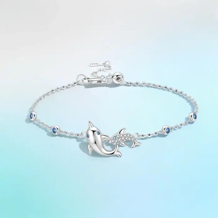 Bracelet en argent sterling S925 avec dauphin réglable pour femmes occasions spéciales cadeau anniversaire