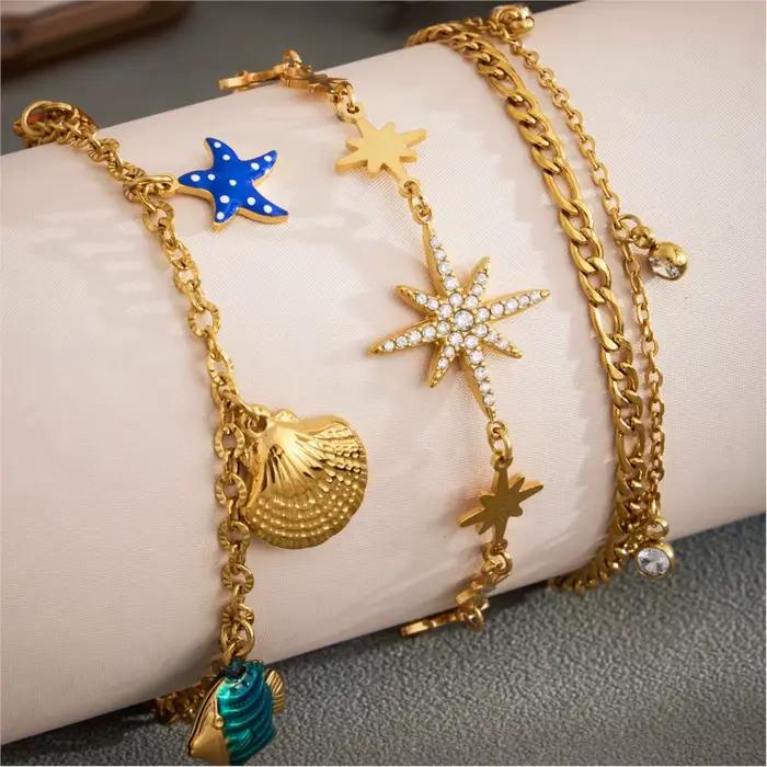 Bracelet à breloques océan pour femmes en acier inoxydable plaqué or 18 carats breloques créature marine romantique et mignon ocasionnels spéciaux