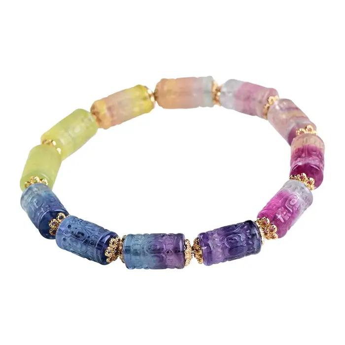 Bracelet en Perles de Fluorite Arc-en-Ciel Naturelle Pour Homme Femme Occasions Spéciales Harmonie Couleurs Pastel Paix Intérieure Élégance Pure