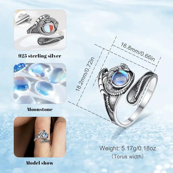 Bague ajustable en argent sterling 925 Eudora avec dragon et pierre de lune