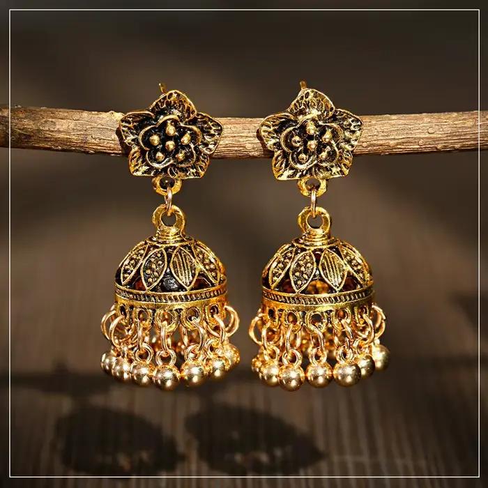 Boucles d'oreilles Boho Vintage ethnique indienne Jhumka pour femmes, couleur or, cloche, pompon, fleur sculptée, goutte, bijoux gitans