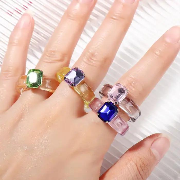 Bagues tendance vintage pour filles, en résine acrylique transparente avec strass, bijoux fantaisie