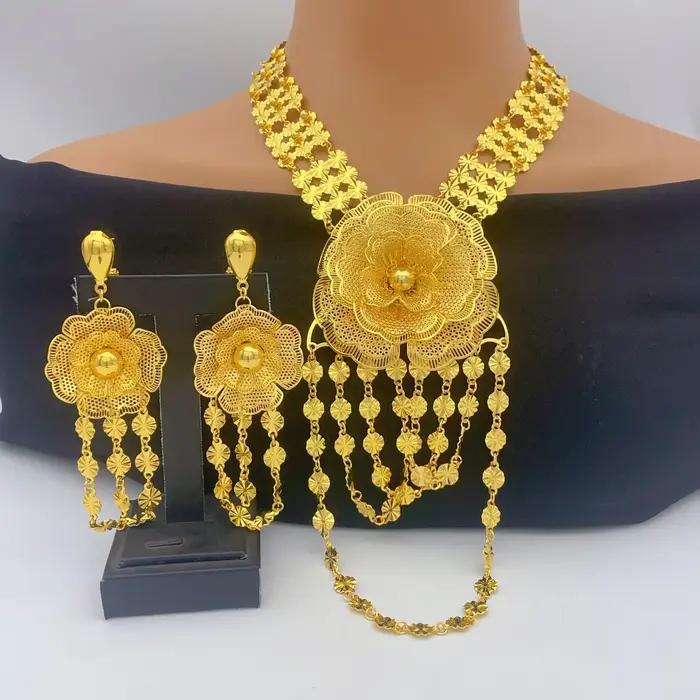 Ensemble de collier long et boucles d'oreilles de luxe plaquées or 24 carats style éthiopien et indien pour mariée et occasions spéciales