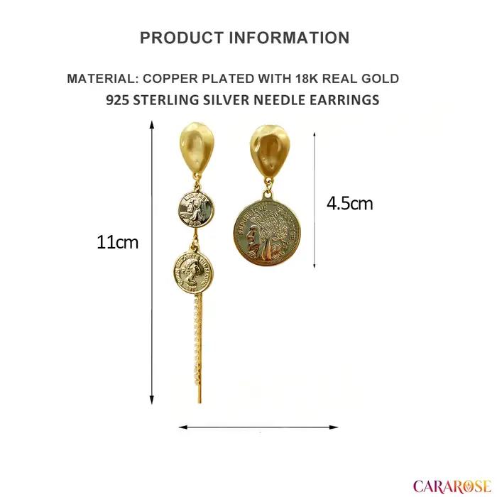 CARAROSE Boucles d'oreilles pendantes asymétriques en argent sterling S925 avec pièce de monnaie dorée et longues