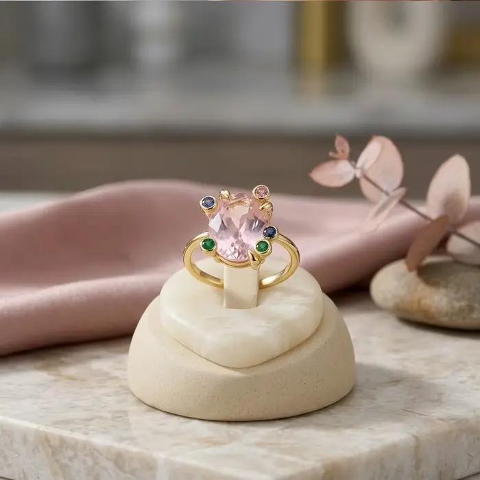 Bague de cocktail dorée ovale rose avec accents multicolores en CZ pour femmes, bague élégante à offrir pour fiançailles, anniversaires et occasions spéciales