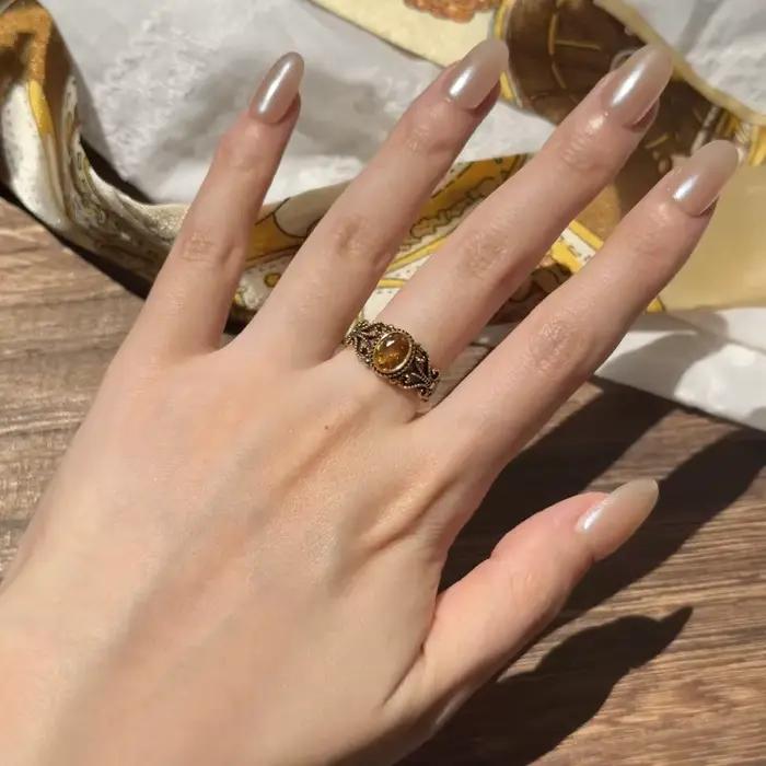 Bague d'art Vintage ajourée noir-doré, Style Punk, argent 925, cristal jaune, ovale, réglable, bijoux cadeau