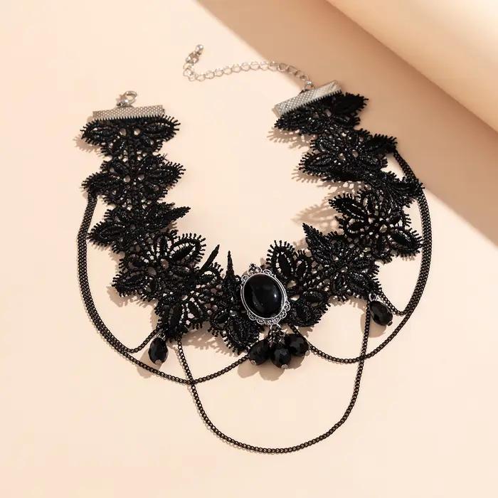 Lacteo gothique noir dentelle corde chaîne collier perles de cristal géométrique charme Sautoirs