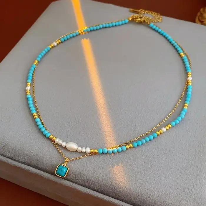 Collier double couche en or 18 carats plaqué turquoise avec perles imitation perles pour femmes occasions spéciales soirée anniversaire mariage