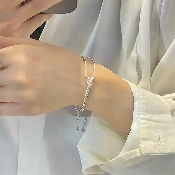 Bracelet double couche en argent sterling 925 pour femmes et filles, élégant, avec nœud irrégulier, design minimaliste, bijoux de fête, cadeaux