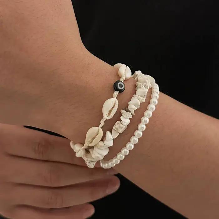 Ingemark Lot de 3 bracelets bohèmes en pierre naturelle pour hommes et femmes, rétro, empilables, avec perles imitation coquillage, ajustables