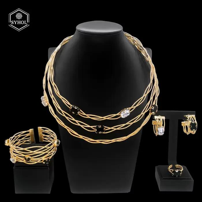 SYBathroom-Ensemble de Bijoux de Luxe pour Femme, Classique, Noir, Blanc, Strass, Plaqué Or, Collier, Bracelet, Original, L 24K