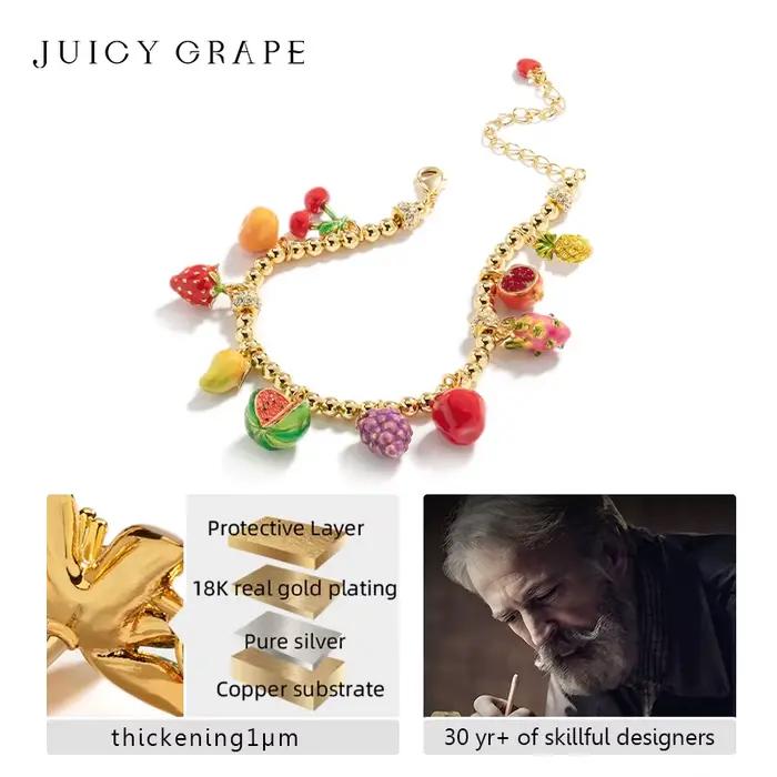 Bracelet plaqué or véritable 18 carats avec fruits émaillés, raisin juteux, Harvey, ananas, neutre d'eau, pomme, raisin, orange, cadeaux